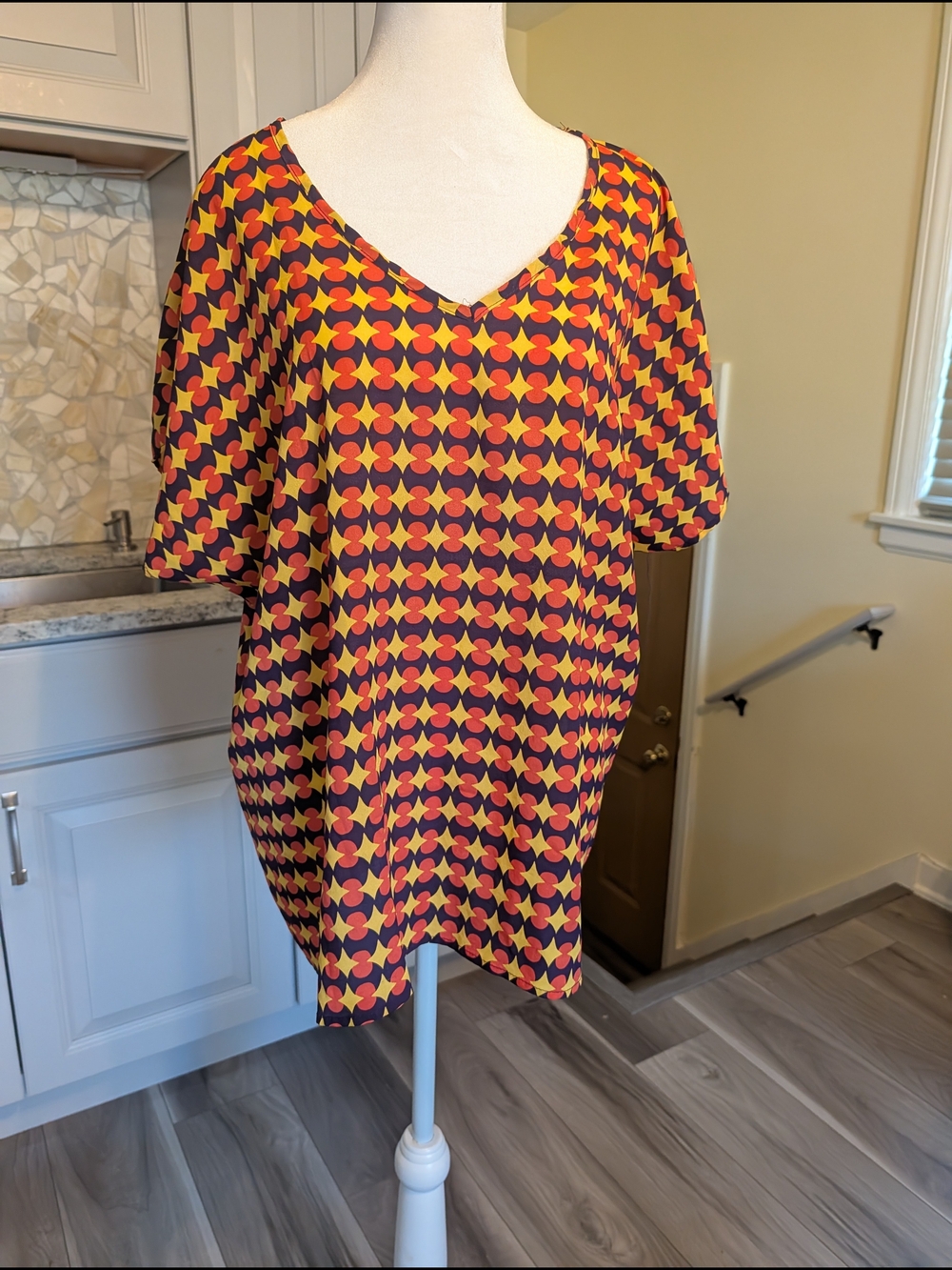 Bobeau V-Neck Geometric Print Tunic in Orange, Yellow, & Yellow